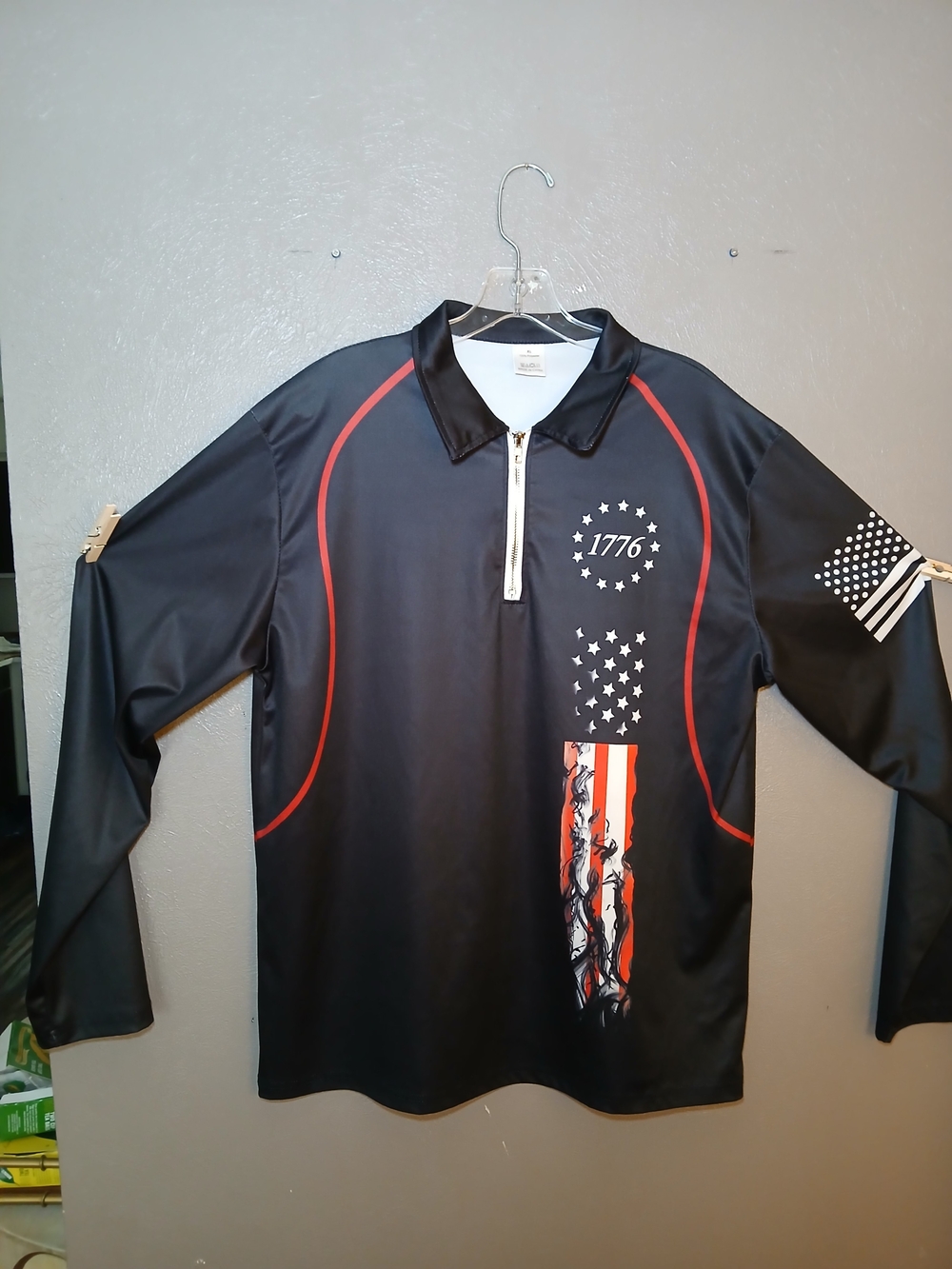 Source Unknown Black Long-Sleeve Polo with 1776 Flag Motif and Red Accents